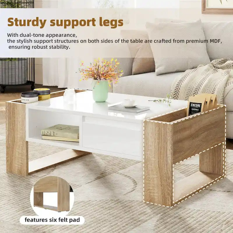 Table basse moderne, table d'appoint bicolore avec étagère de rangement ouverte et 2 tiroirs, convient pour le salon et la chambre à coucher