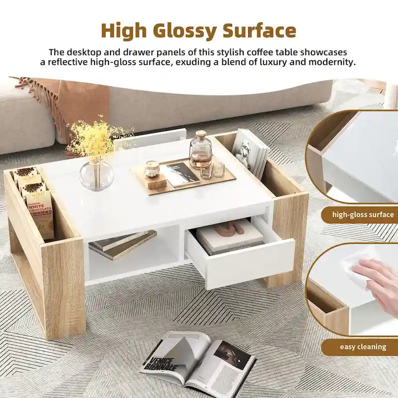 Table basse moderne, table d'appoint bicolore avec étagère de rangement ouverte et 2 tiroirs, convient pour le salon et la chambre à coucher