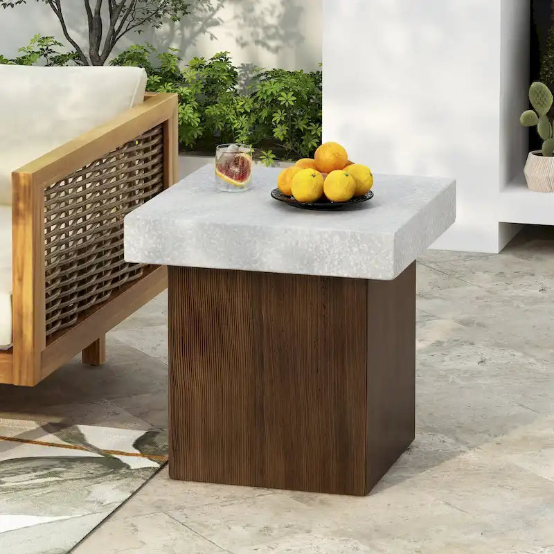Christopher Knight Home - Table d'appoint Mirod pour l'intérieur et l'extérieur en MGO avec plateau effet pierre et cadre en bois naturel