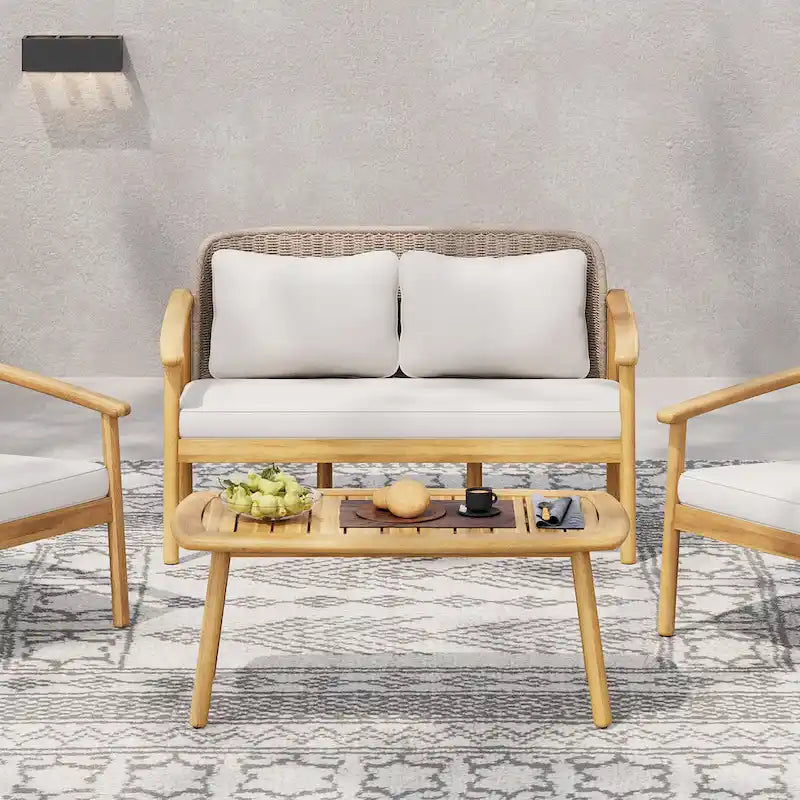 Christopher Knight Home - Ensemble de conversation Camille 2 pièces d'extérieur en bois d'acacia avec dossier en corde tressée et table basse