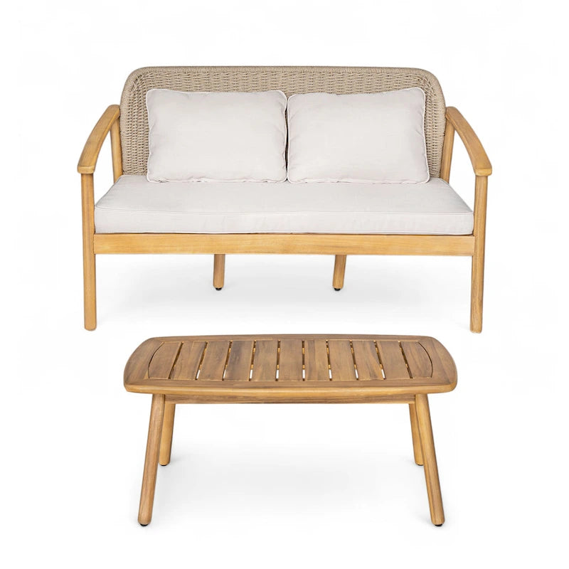 Christopher Knight Home - Ensemble de conversation Camille 2 pièces d'extérieur en bois d'acacia avec dossier en corde tressée et table basse