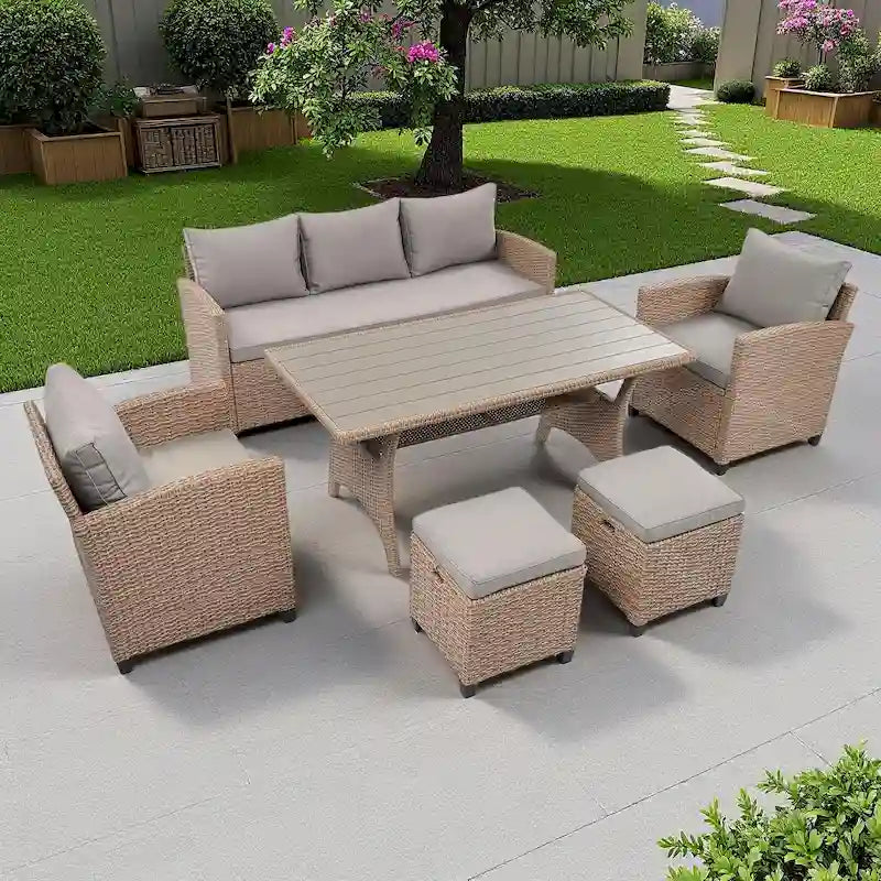 Ensemble de canapés de patio en rotin 6 pièces avec table à manger, chaises et tabourets
