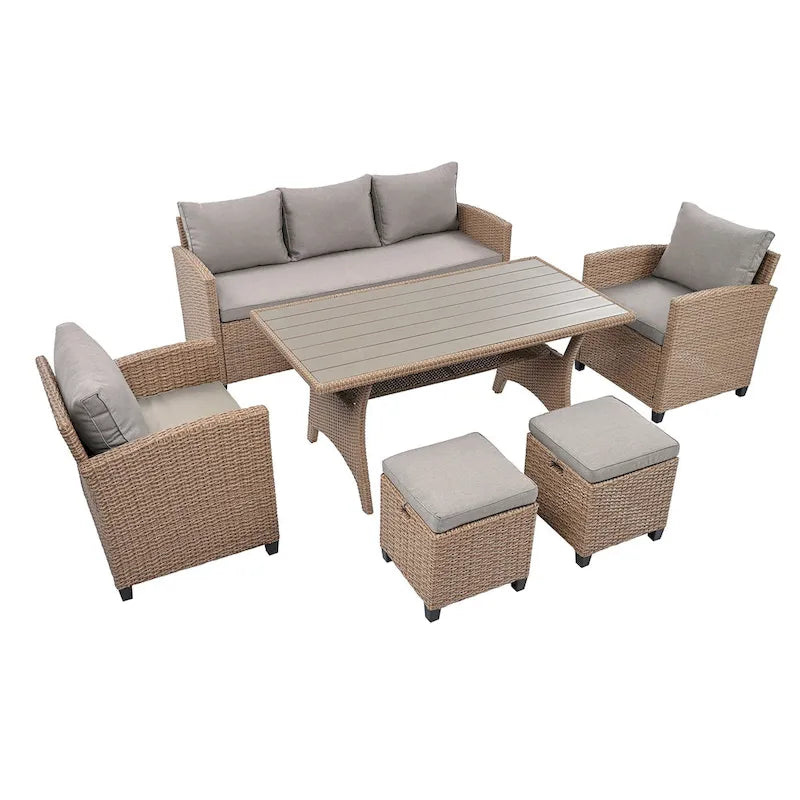 Ensemble de canapés de patio en rotin 6 pièces avec table à manger, chaises et tabourets