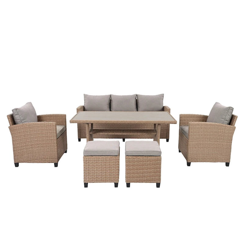 Ensemble de canapés de patio en rotin 6 pièces avec table à manger, chaises et tabourets