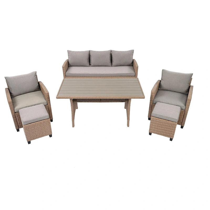 Ensemble de canapés de patio en rotin 6 pièces avec table à manger, chaises et tabourets