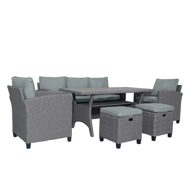 Ensemble de canapés de patio en rotin 6 pièces avec table à manger, chaises et tabourets