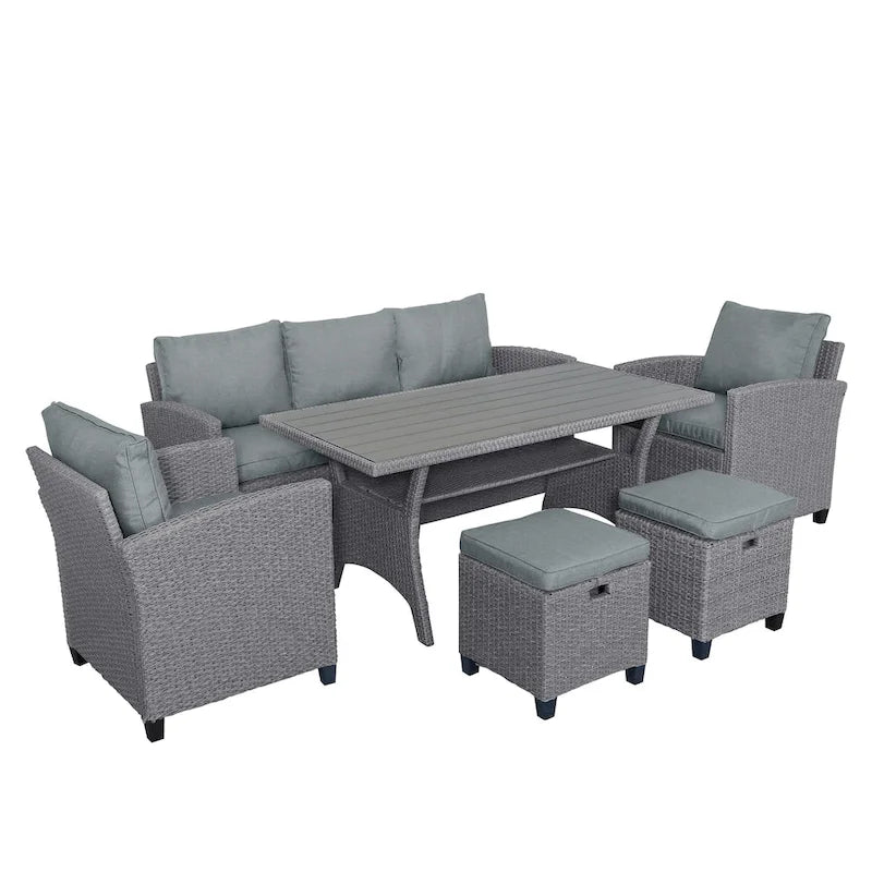 Ensemble de canapés de patio en rotin 6 pièces avec table à manger, chaises et tabourets