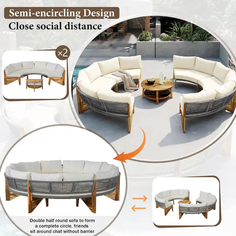 Canapé d'angle d'extérieur 12 places en bois d'acacia avec table basse