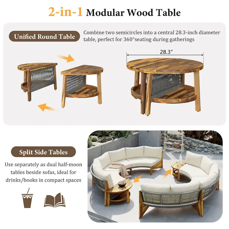 Canapé d'angle d'extérieur 12 places en bois d'acacia avec table basse