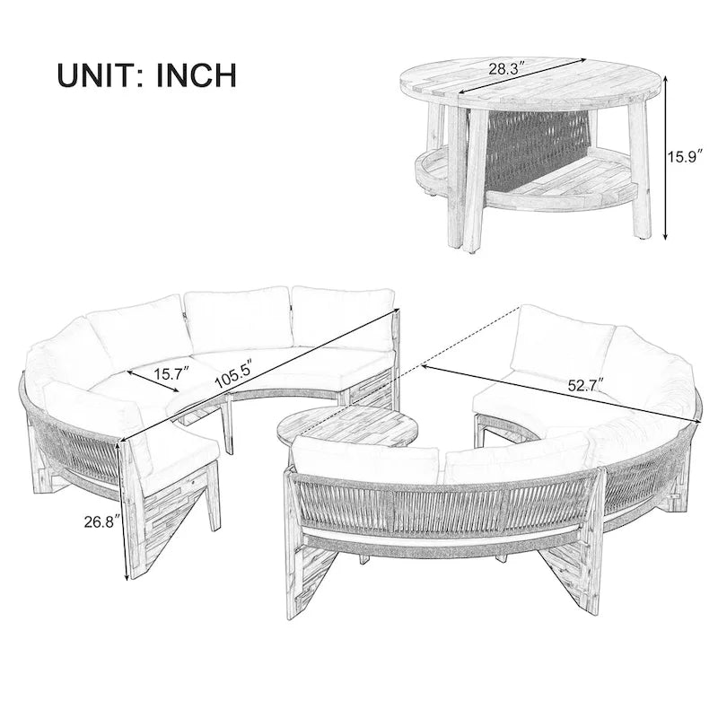 Canapé d'angle d'extérieur 12 places en bois d'acacia avec table basse