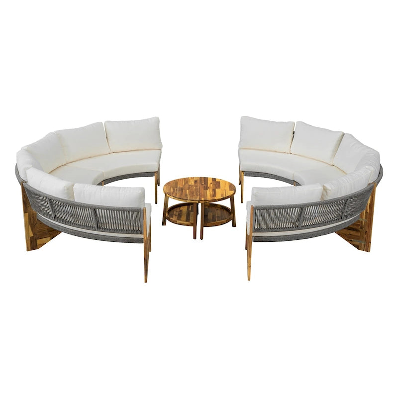 Canapé d'angle d'extérieur 12 places en bois d'acacia avec table basse