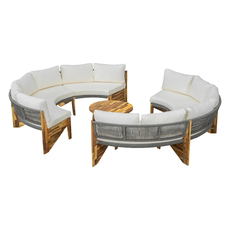 Canapé d'angle d'extérieur 12 places en bois d'acacia avec table basse