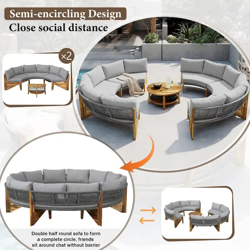 Canapé d'angle d'extérieur 12 places en bois d'acacia avec table basse