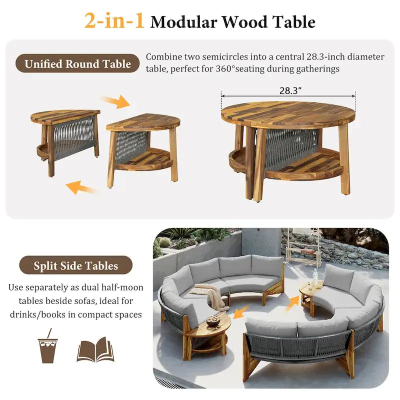 Canapé d'angle d'extérieur 12 places en bois d'acacia avec table basse