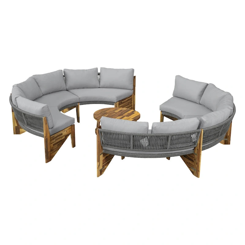 Canapé d'angle d'extérieur 12 places en bois d'acacia avec table basse