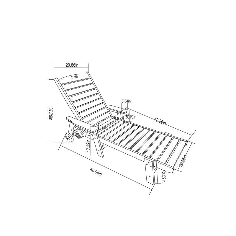 Ensemble de patio 3 pièces : 2 chaises longues surdimensionnées (5 positions, roues, porte-gobelet) + table d'appoint, aspect bois résistant aux intempéries.