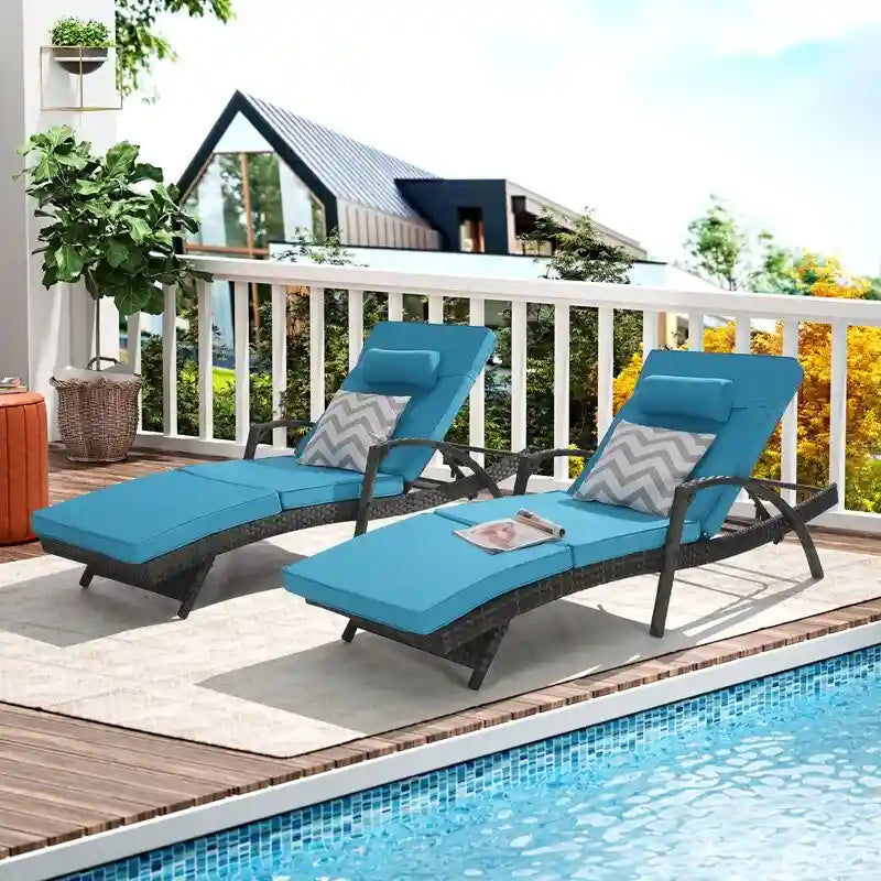 Ensemble de Chaises Longues de Jardin Haut de Gamme (2 Pièces) Chaises Longues en Rotin avec Coussins Épais, Dossier Réglable sur 150 Positions