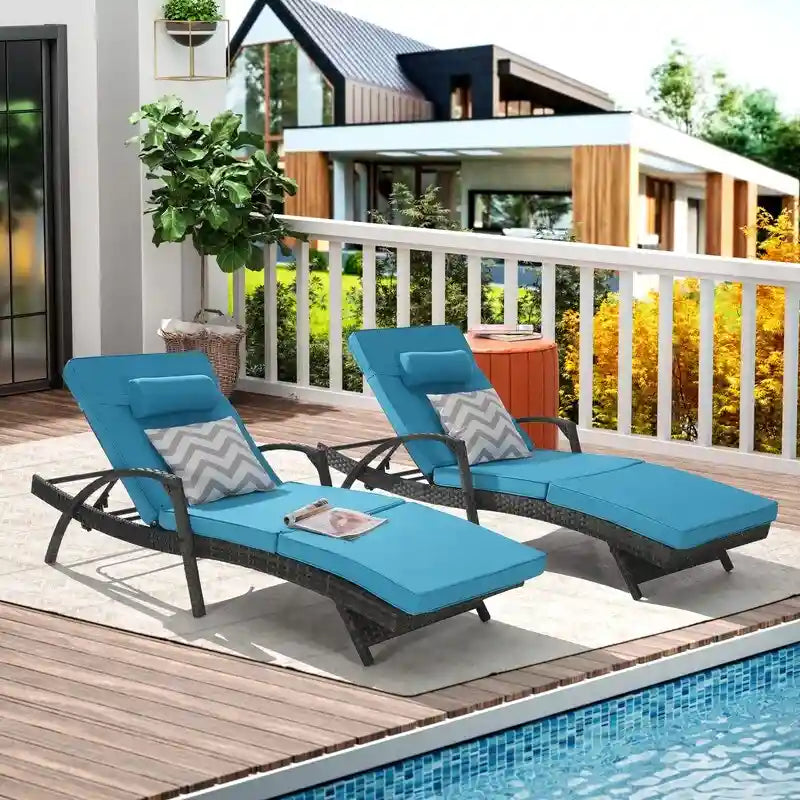 Ensemble de Chaises Longues de Jardin Haut de Gamme (2 Pièces) Chaises Longues en Rotin avec Coussins Épais, Dossier Réglable sur 150 Positions