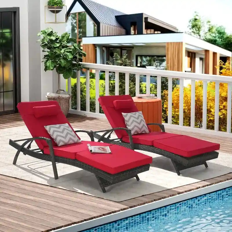 Ensemble de Chaises Longues de Jardin Haut de Gamme (2 Pièces) Chaises Longues en Rotin avec Coussins Épais, Dossier Réglable sur 150 Positions