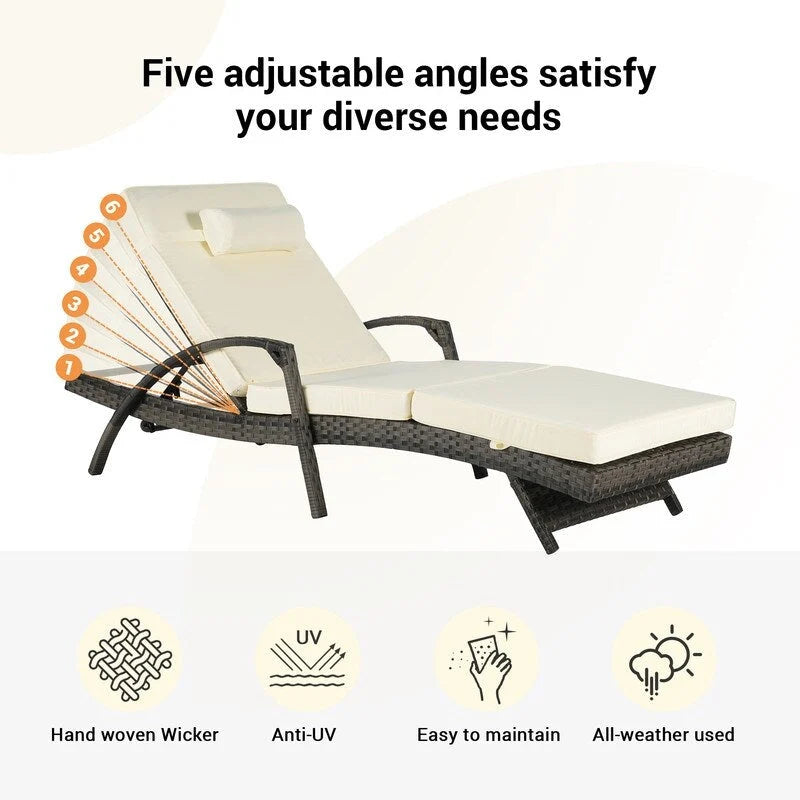 Ensemble de Chaises Longues de Jardin Haut de Gamme (2 Pièces) Chaises Longues en Rotin avec Coussins Épais, Dossier Réglable sur 150 Positions