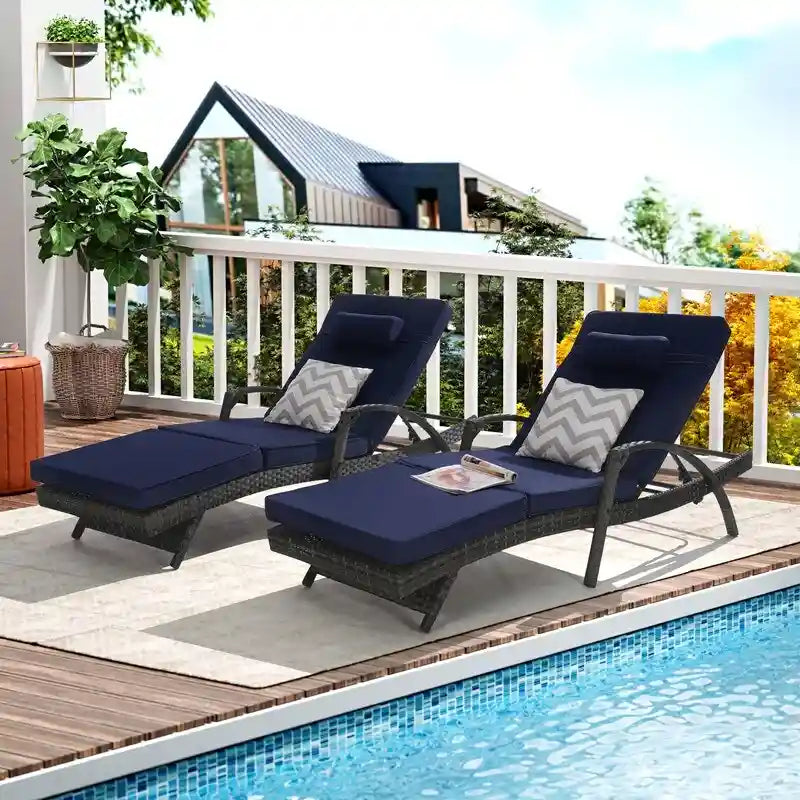 Ensemble de Chaises Longues de Jardin Haut de Gamme (2 Pièces) Chaises Longues en Rotin avec Coussins Épais, Dossier Réglable sur 150 Positions