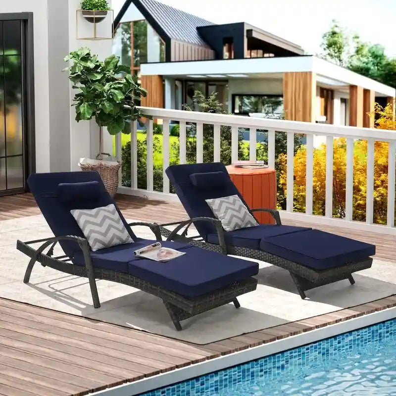 Ensemble de Chaises Longues de Jardin Haut de Gamme (2 Pièces) Chaises Longues en Rotin avec Coussins Épais, Dossier Réglable sur 150 Positions