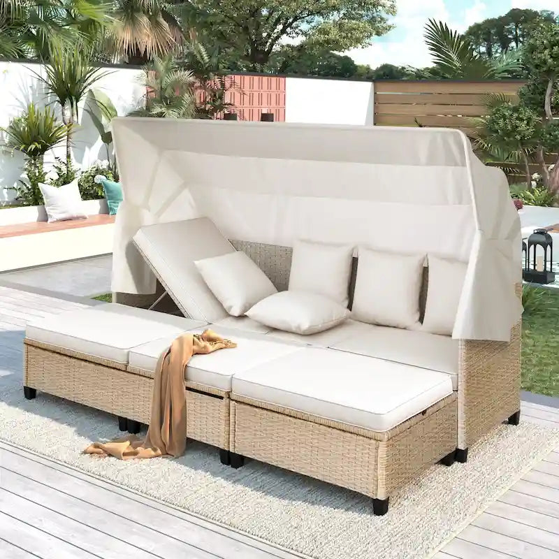 Ensemble de canapé de patio en résine tressée 4 pièces avec auvent rétractable et protection UV, par Leisure Zone