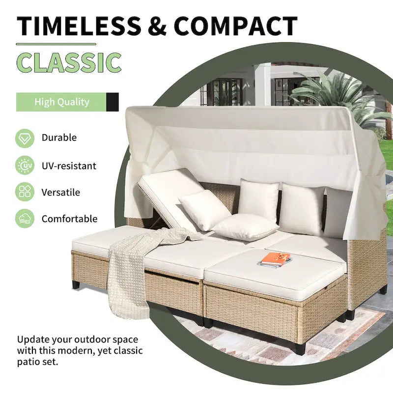 Ensemble de canapé de patio en résine tressée 4 pièces avec auvent rétractable et protection UV, par Leisure Zone