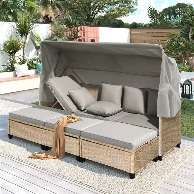 Ensemble de canapé de patio en résine tressée 4 pièces avec auvent rétractable et protection UV, par Leisure Zone