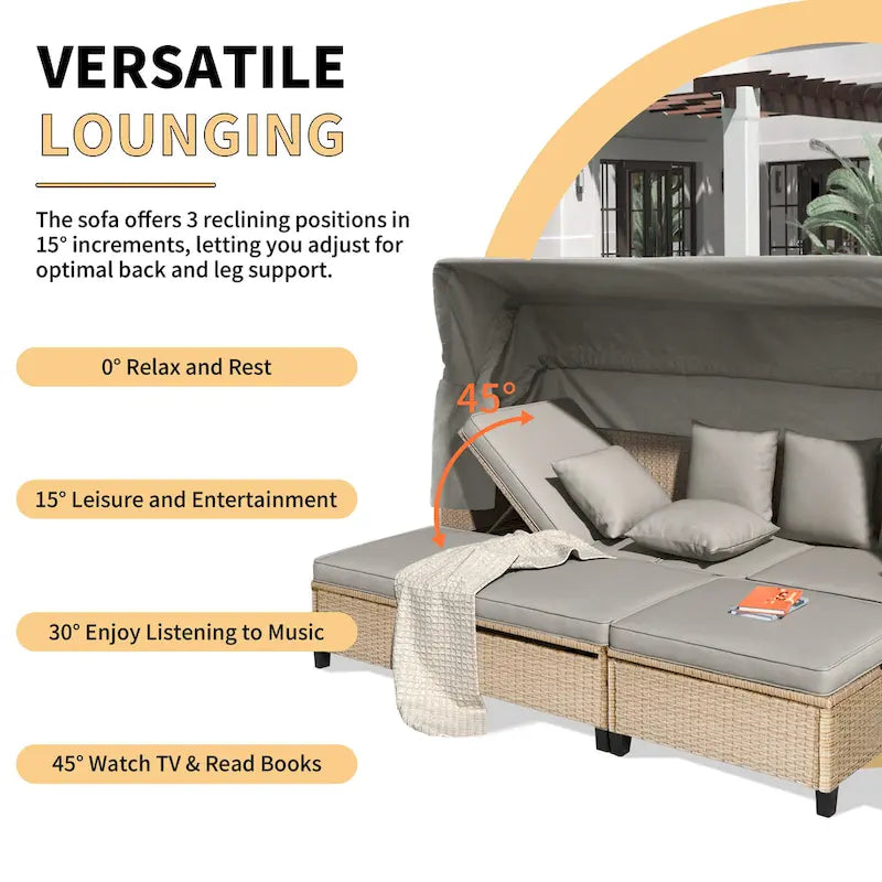 Ensemble de canapé de patio en résine tressée 4 pièces avec auvent rétractable et protection UV, par Leisure Zone
