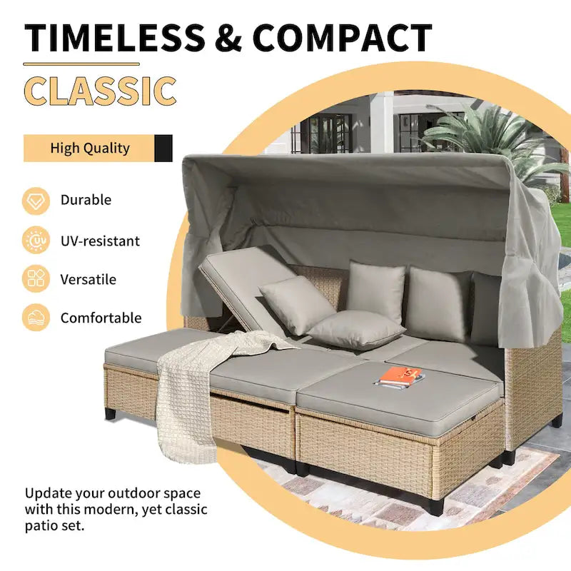 Ensemble de canapé de patio en résine tressée 4 pièces avec auvent rétractable et protection UV, par Leisure Zone
