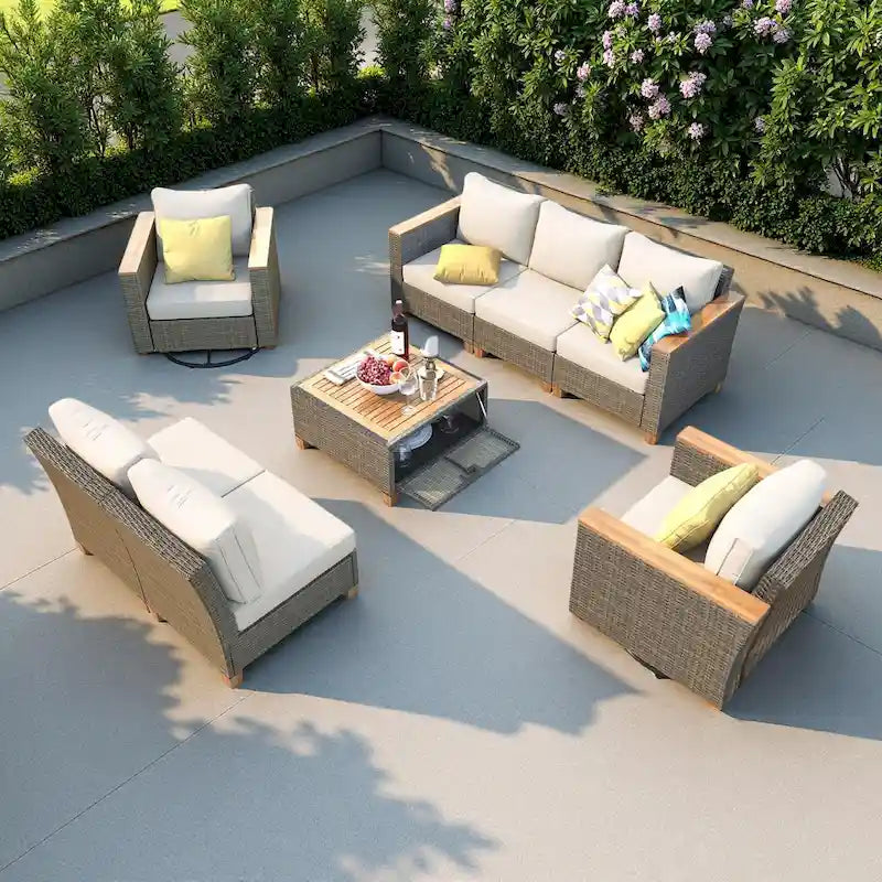 8-Piece Outdoor Patio Wicker Conversation Sofa Set with 2 Swivel Rocking Chairs and Acacia Storage Table