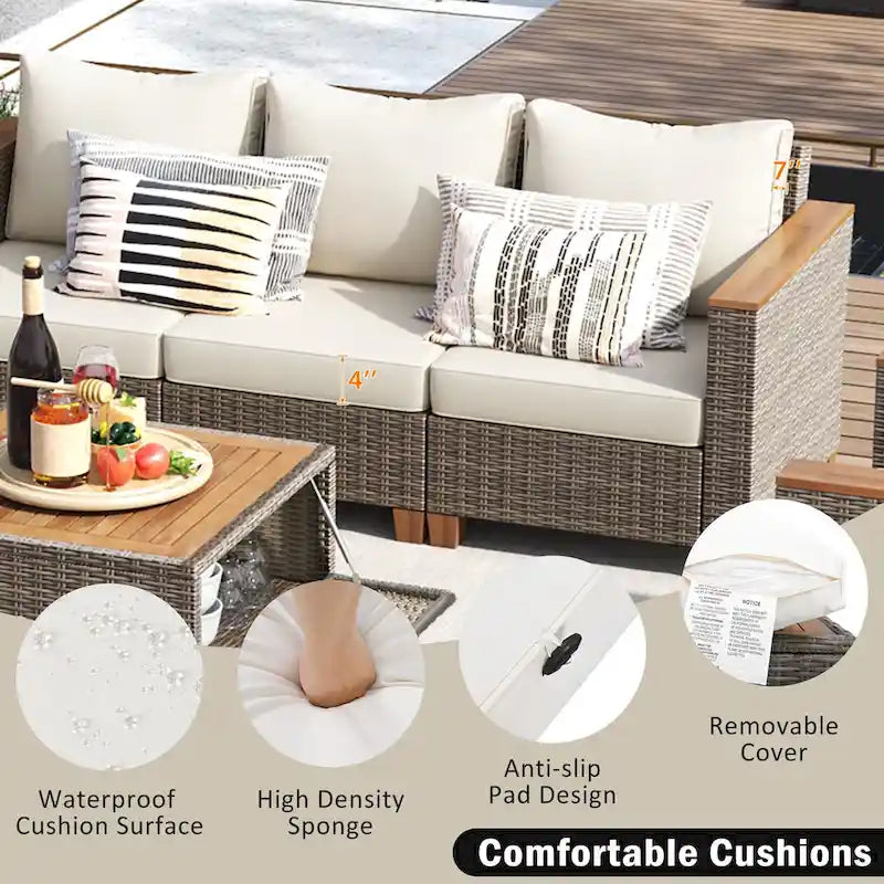 Ensemble de 8 pièces de canapé d'extérieur en osier pour patio avec 2 fauteuils pivotants à bascule et table de rangement en acacia