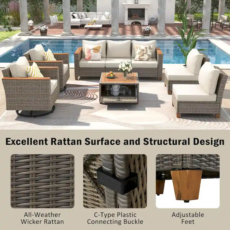 Ensemble de 8 pièces de canapé d'extérieur en osier pour patio avec 2 fauteuils pivotants à bascule et table de rangement en acacia