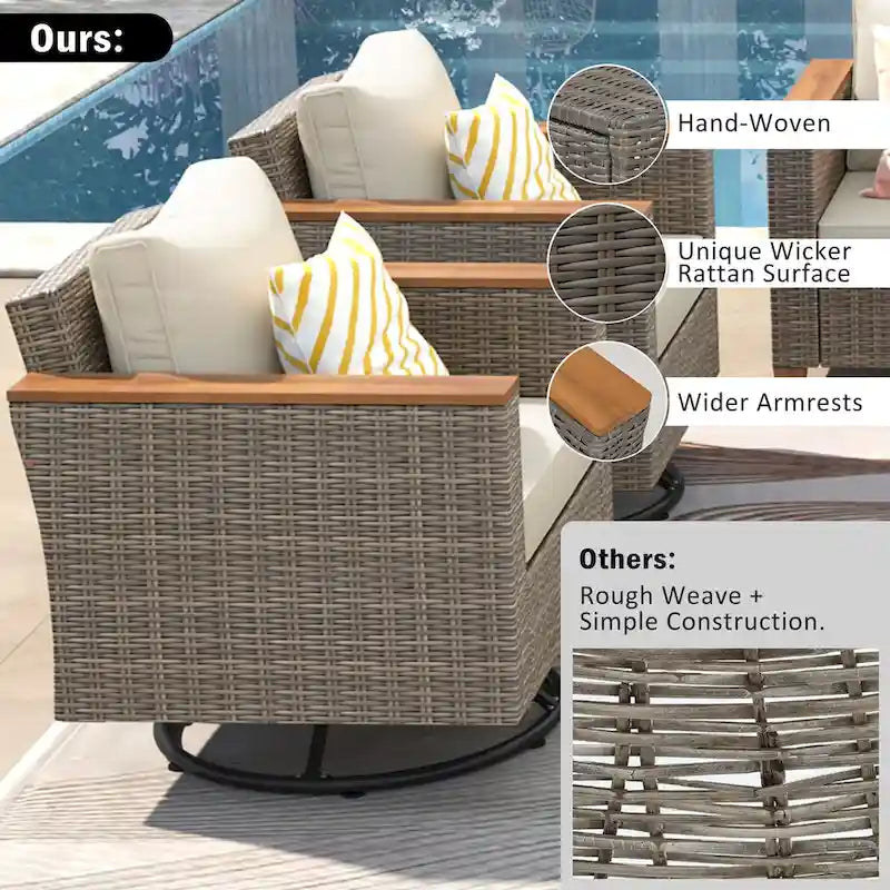 Ensemble de 8 pièces de canapé d'extérieur en osier pour patio avec 2 fauteuils pivotants à bascule et table de rangement en acacia