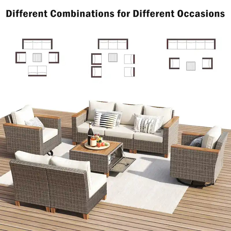 Ensemble de 8 pièces de canapé d'extérieur en osier pour patio avec 2 fauteuils pivotants à bascule et table de rangement en acacia