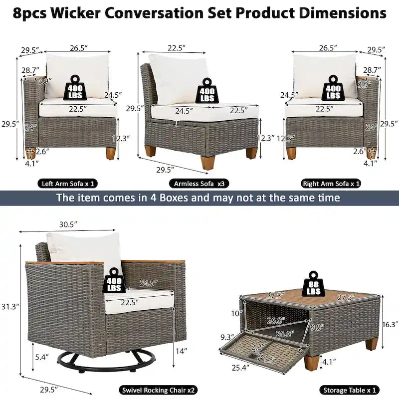 Ensemble de 8 pièces de canapé d'extérieur en osier pour patio avec 2 fauteuils pivotants à bascule et table de rangement en acacia
