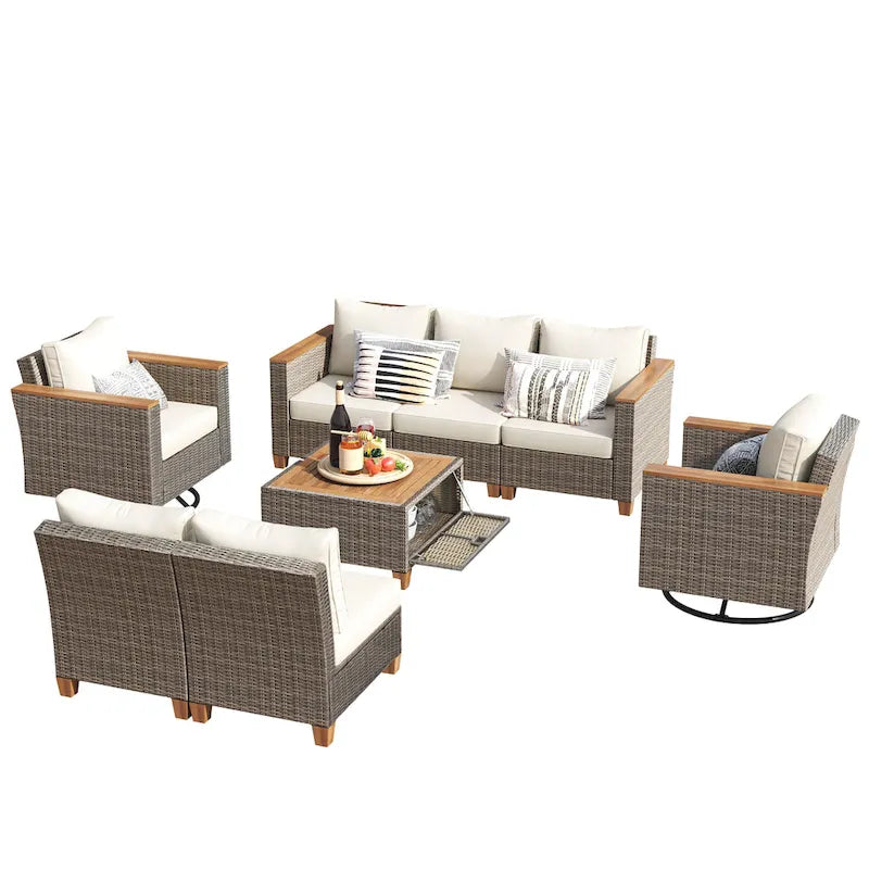 Ensemble de 8 pièces de canapé d'extérieur en osier pour patio avec 2 fauteuils pivotants à bascule et table de rangement en acacia