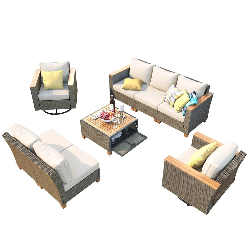 Ensemble de 8 pièces de canapé d'extérieur en osier pour patio avec 2 fauteuils pivotants à bascule et table de rangement en acacia