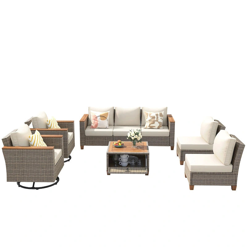 Ensemble de 8 pièces de canapé d'extérieur en osier pour patio avec 2 fauteuils pivotants à bascule et table de rangement en acacia