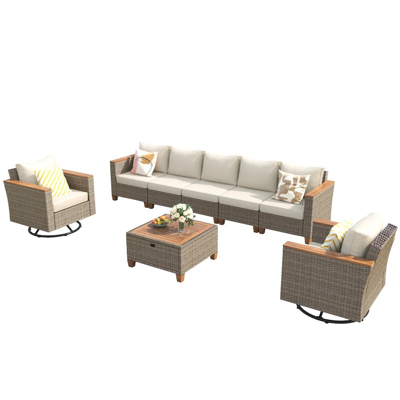 Ensemble de 8 pièces de canapé d'extérieur en osier pour patio avec 2 fauteuils pivotants à bascule et table de rangement en acacia