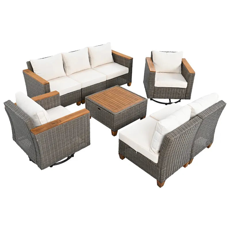 Ensemble de 8 pièces de canapé d'extérieur en osier pour patio avec 2 fauteuils pivotants à bascule et table de rangement en acacia