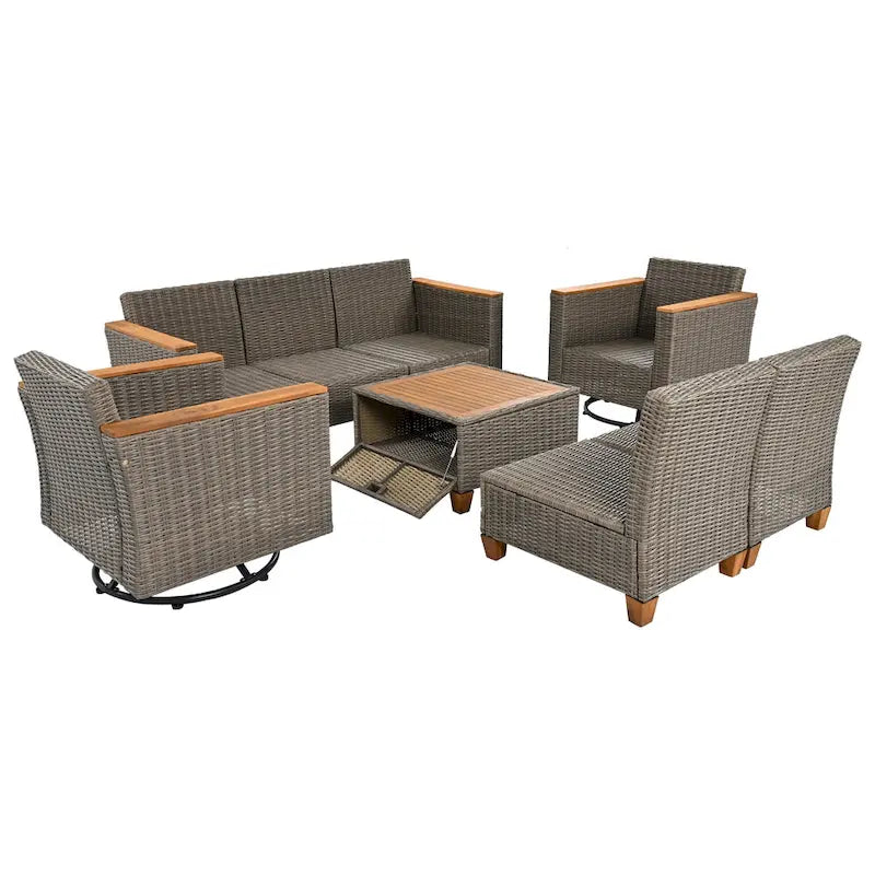 Ensemble de 8 pièces de canapé d'extérieur en osier pour patio avec 2 fauteuils pivotants à bascule et table de rangement en acacia