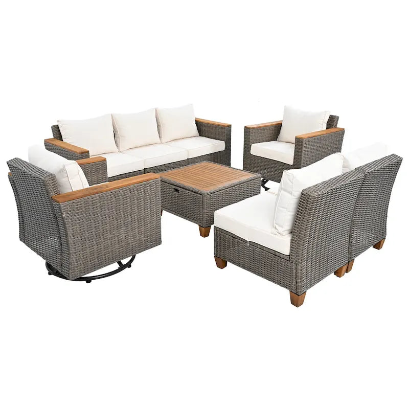 Ensemble de 8 pièces de canapé d'extérieur en osier pour patio avec 2 fauteuils pivotants à bascule et table de rangement en acacia