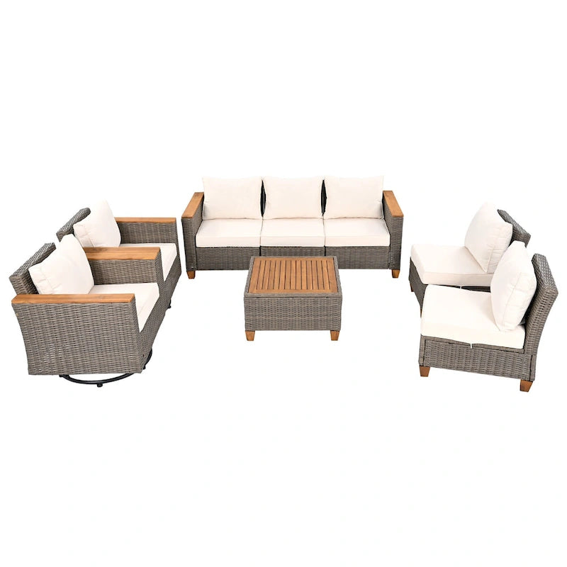 Ensemble de 8 pièces de canapé d'extérieur en osier pour patio avec 2 fauteuils pivotants à bascule et table de rangement en acacia