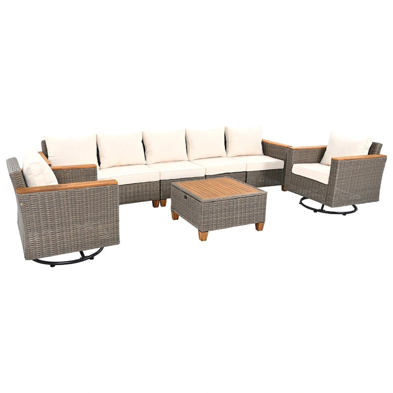 Ensemble de 8 pièces de canapé d'extérieur en osier pour patio avec 2 fauteuils pivotants à bascule et table de rangement en acacia