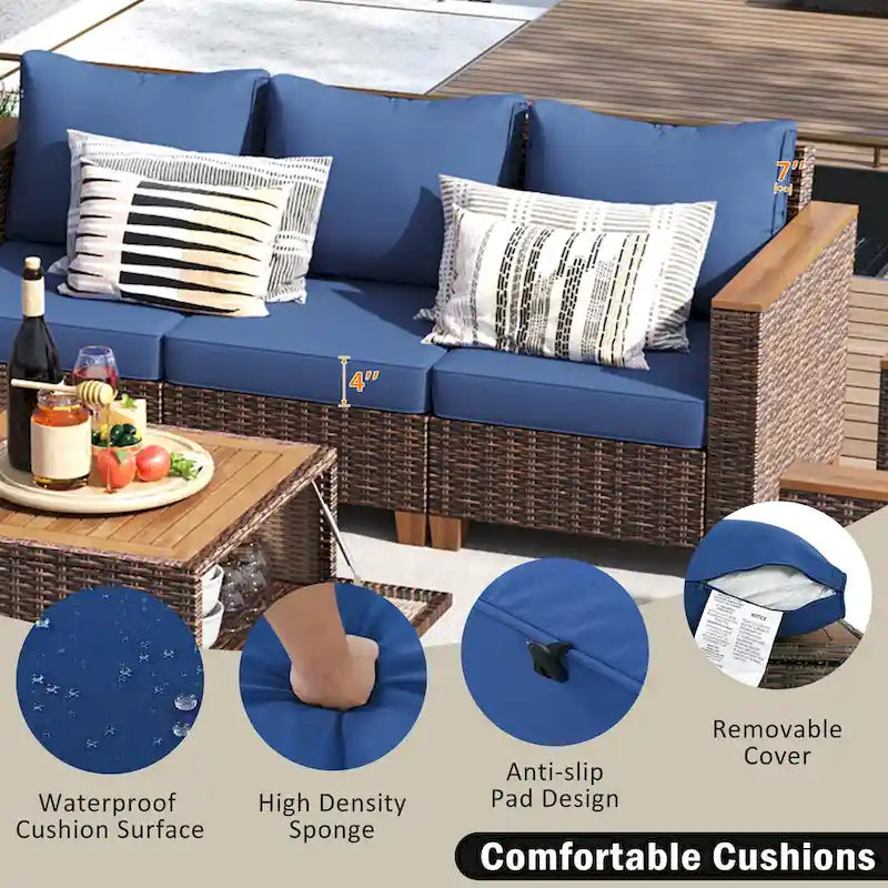 Ensemble de 8 pièces de canapé d'extérieur en osier pour patio avec 2 fauteuils pivotants à bascule et table de rangement en acacia
