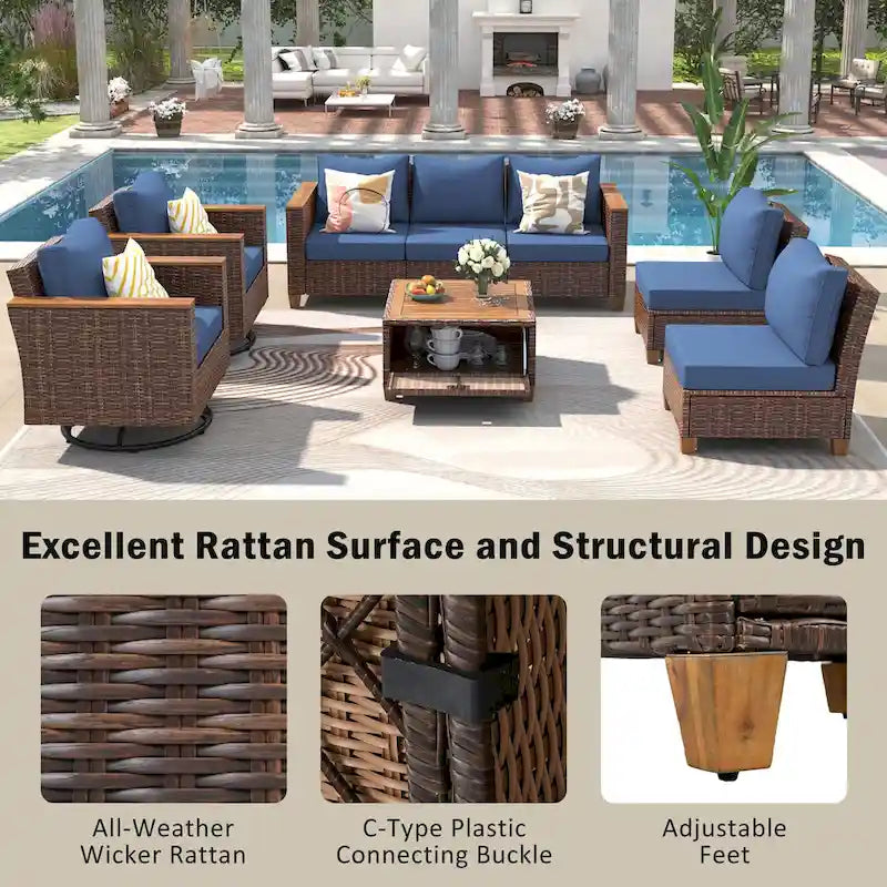 Ensemble de 8 pièces de canapé d'extérieur en osier pour patio avec 2 fauteuils pivotants à bascule et table de rangement en acacia