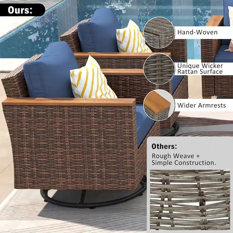 Ensemble de 8 pièces de canapé d'extérieur en osier pour patio avec 2 fauteuils pivotants à bascule et table de rangement en acacia