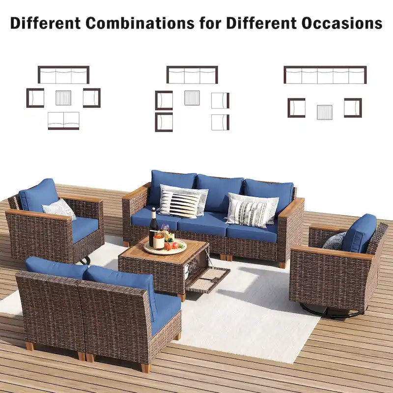 Ensemble de 8 pièces de canapé d'extérieur en osier pour patio avec 2 fauteuils pivotants à bascule et table de rangement en acacia